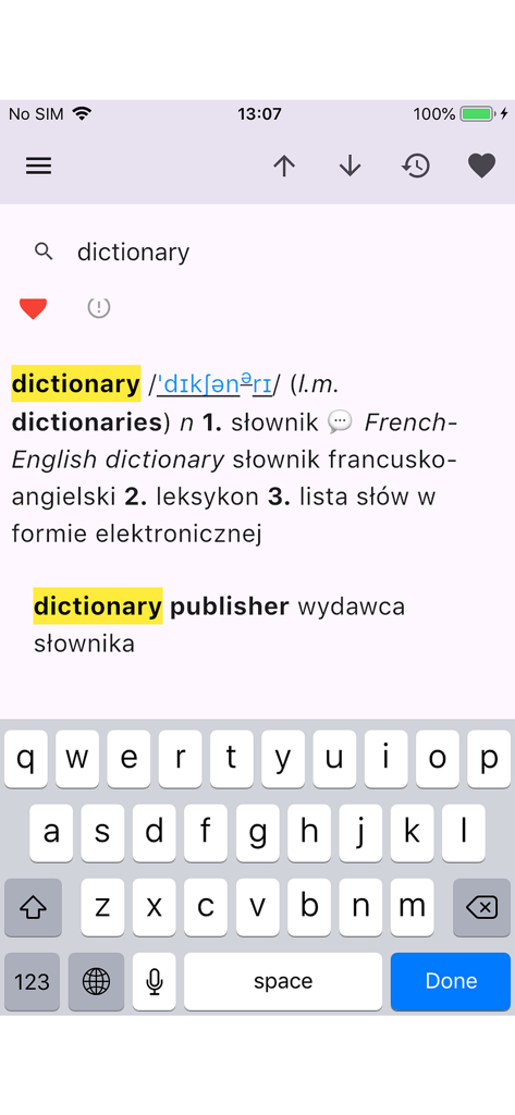 Interface of the Wielki slownik app showing the English to Polish definition and phonetic transcription for the word dictionary.