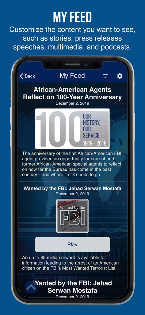 myFBI Dashboard - The myFBI Dashboard app showing a personalized news feed with official FBI stories and podcasts