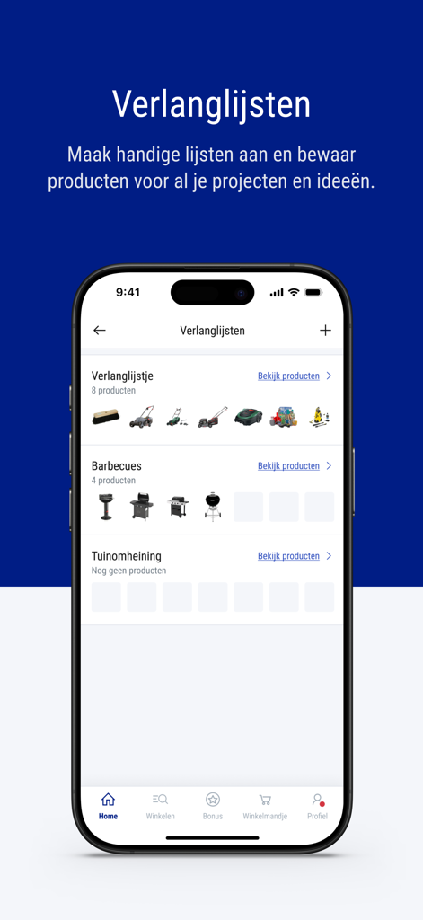 Hubo - Hubo app interface showing project wishlists for lawn equipment and barbecues