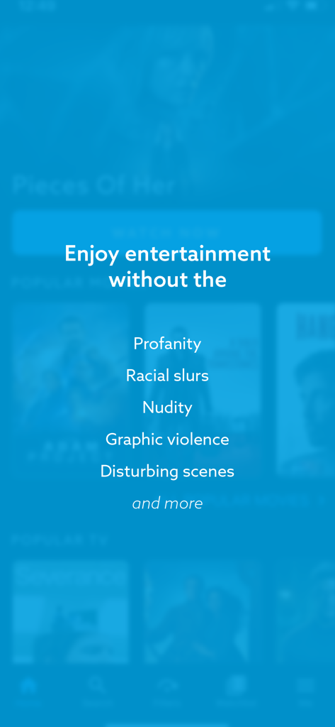 VidAngel app screen showing options to filter profanity, nudity, and graphic violence from movies.