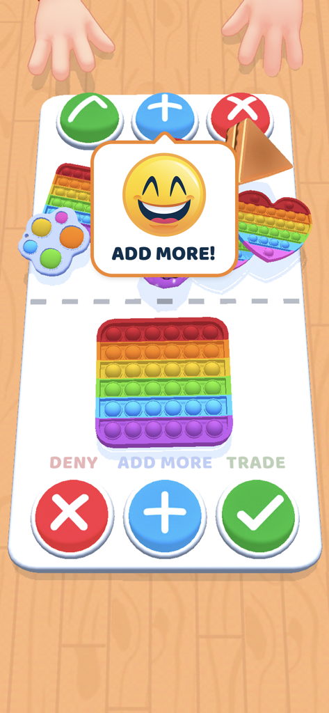 Mobile game interface for trading rainbow fidget toys and pop-its