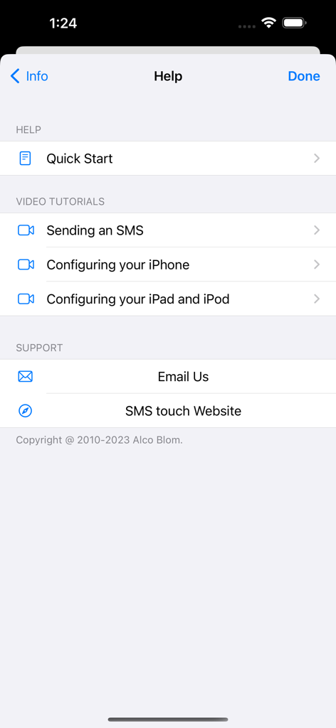SMS touch - Help and support menu in the SMS touch app featuring video tutorials and email support.