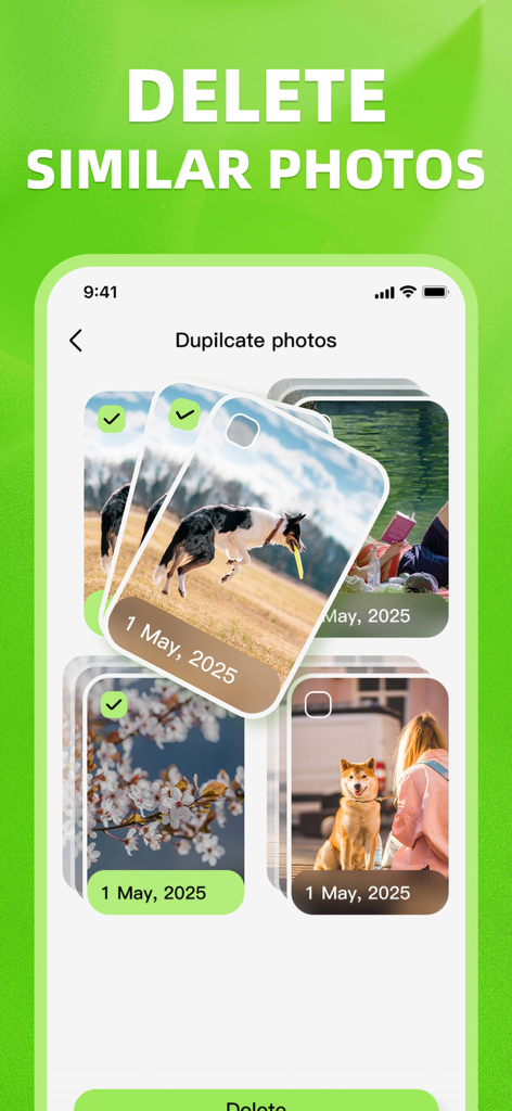 PhotoKit: Cleanup your storage - デバイスストレージをクリーンアップするために類似写真を削除する機能を示すPhotoKitアプリのインターフェース