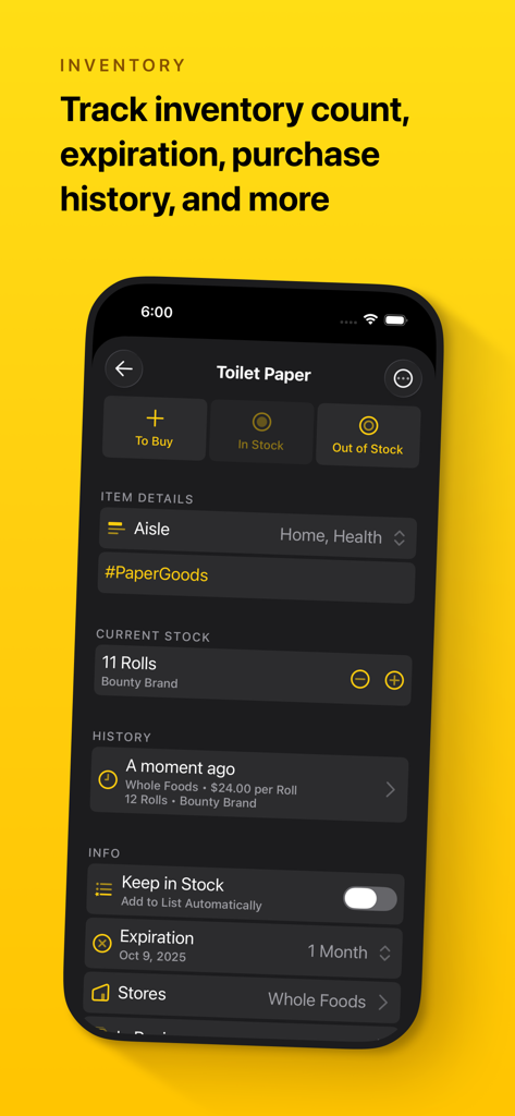Grocery - Smart Shopping List - Interfaz de la aplicación Grocery que muestra el seguimiento de inventario de artículos para el hogar con niveles de stock y fechas de vencimiento.