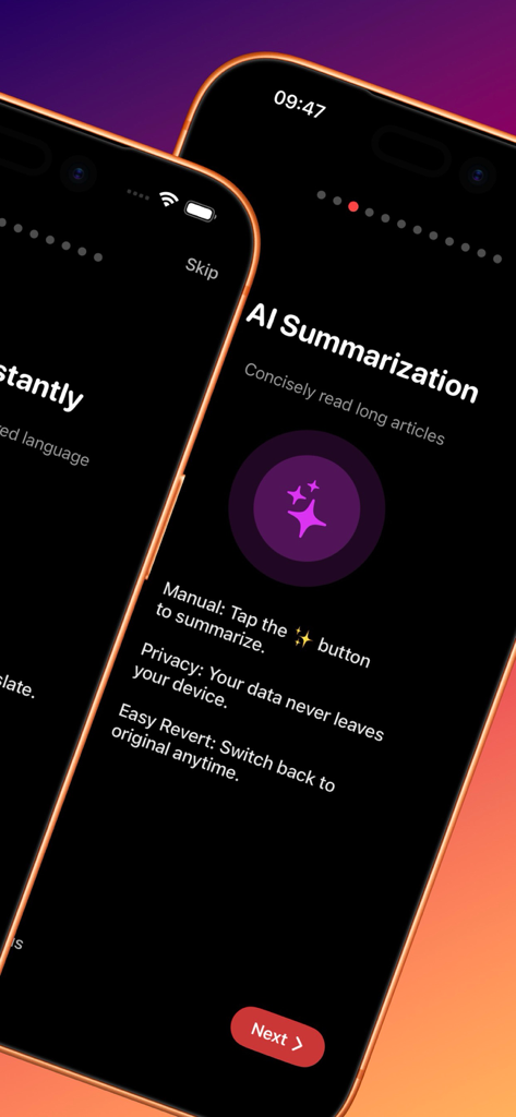 Speed Reader! - iPhone screenshot showing the AI Summarization feature of the Speed Reader app for processing long articles