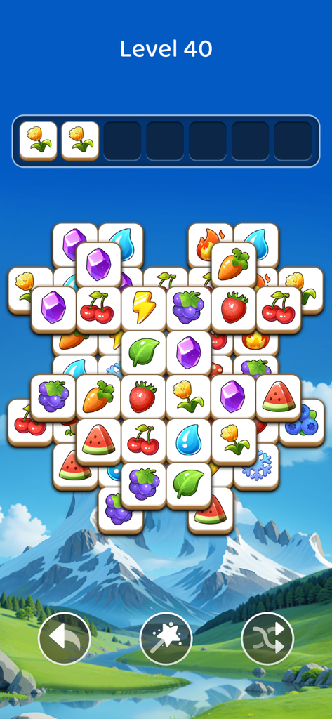 Uma tela de quebra-cabeça de combinação tripla do Tile Explorer com peças coloridas e um fundo de montanha cênica.