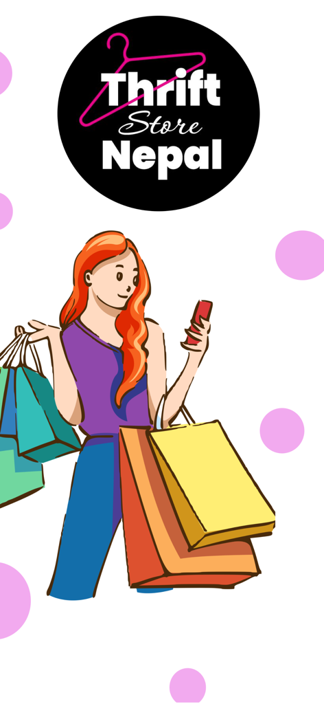 Thrift Store Nepal - Illustration of a woman with shopping bags using the Thrift Store Nepal mobile app