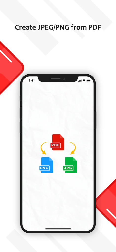 Smartphone screen showing a diagram of converting PDF documents into PNG and JPG image formats