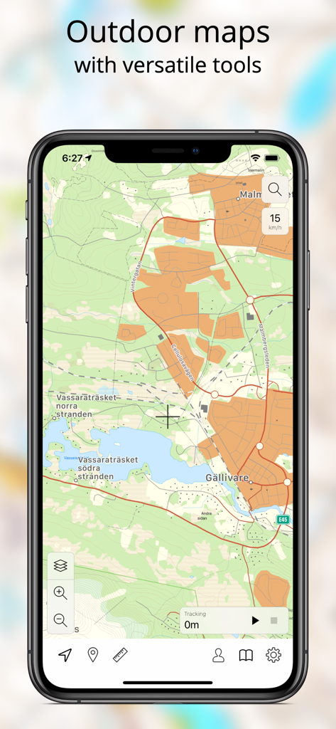Topo maps - Sweden - A topographic map of Sweden on a smartphone screen showing outdoor navigation and tracking tools