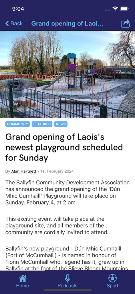 Screenshot of a news article in the LaoisToday app about the grand opening of a new playground in Ballyfin
