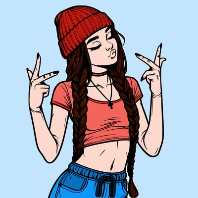 realistic teenage girl with braids and a beanie and crop top doing 🫶🏼