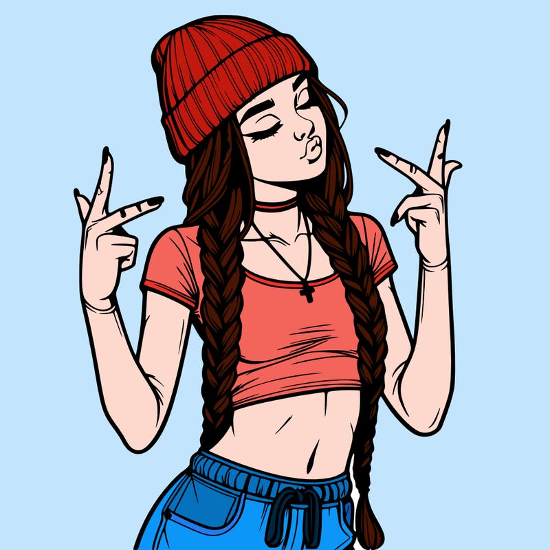 realistic teenage girl with braids and a beanie and crop top doing 🫶🏼