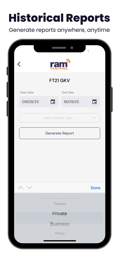 Historical reports generation screen in the RAM Tracking mobile app