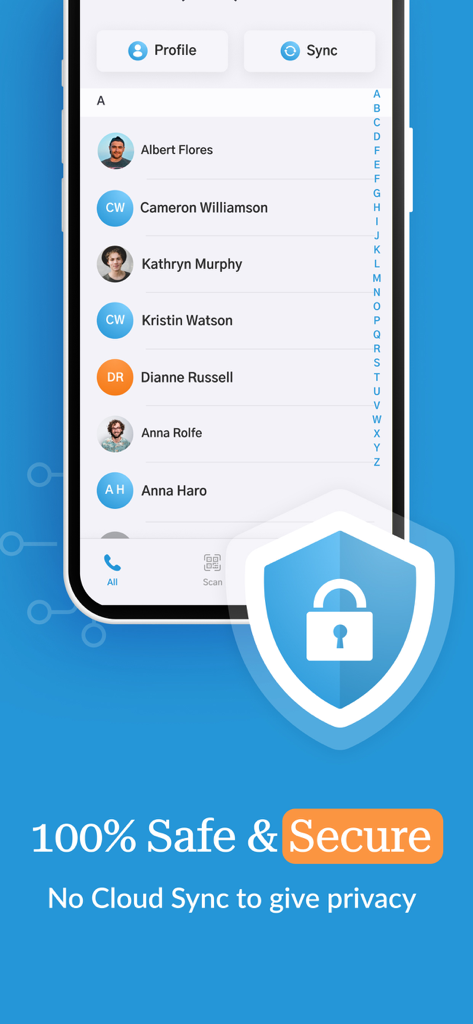 Sync Contact for Google & more - iPhone contact list with a security shield icon highlighting offline privacy and secure data management.