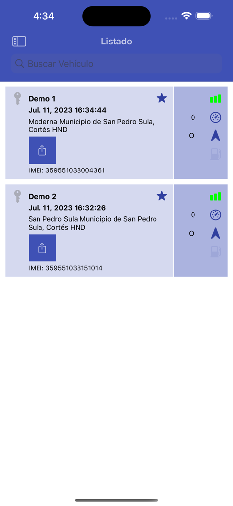 VTracker - VTracker app interface displaying a list of tracked vehicles with real-time location and status information