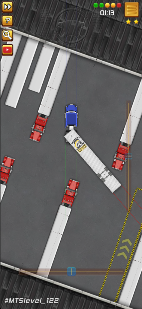 My U.S. Trucking Skills - Top down view of a blue semi truck trailer performing a backing maneuver in a parking simulator
