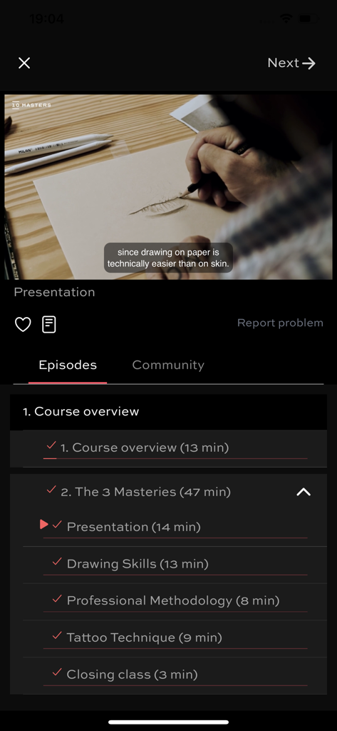 10 Masters app interface showing a tattoo training video lesson and a list of course episodes including drawing skills and tattoo technique.