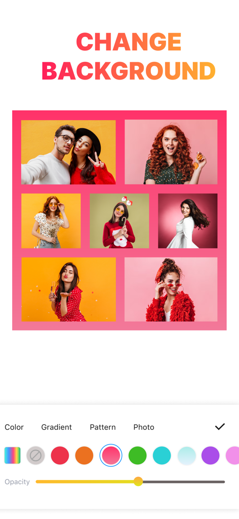 Pic Collage Maker: Photo Frame - A photo collage interface showing background color customization tools and a multi-photo grid.