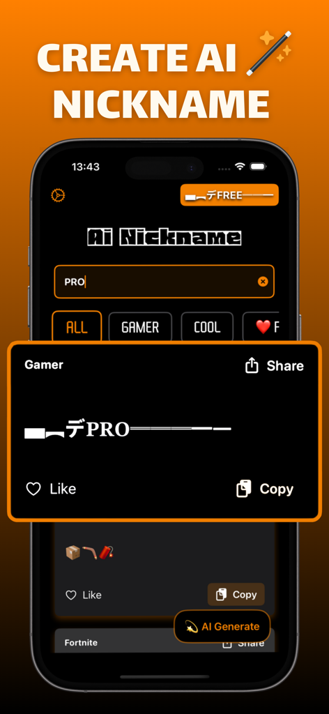 Mobile app interface showing a generated AI nickname with unique fonts and symbols for gamers