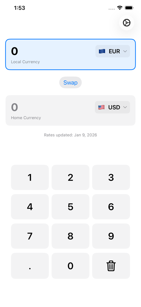 Basic Currency Converter - Basic Currency Converter app interface showing Euro and US Dollar conversion fields with a numeric keypad