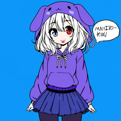 pretty anime girl wearing a fluffy hoodie with bunny ears on the hood and a skirt