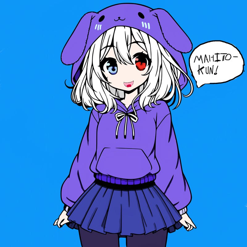pretty anime girl wearing a fluffy hoodie with bunny ears on the hood and a skirt