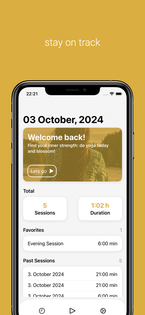 iGong - Yoga & Meditation - Dashboard of iGong app showing yoga and meditation session history and progress tracking