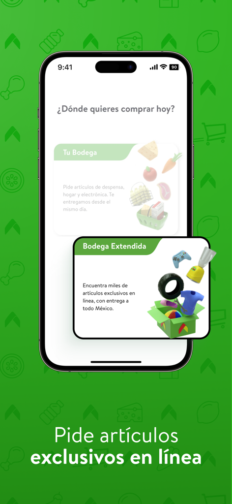 Mobile screen of the Bodega Aurrera app displaying two shopping options for local grocery delivery and exclusive online items across Mexico
