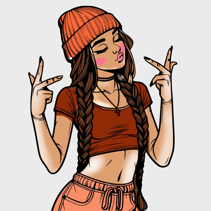 realistic teenage girl with braids and a beanie and crop top doing 🫶🏼