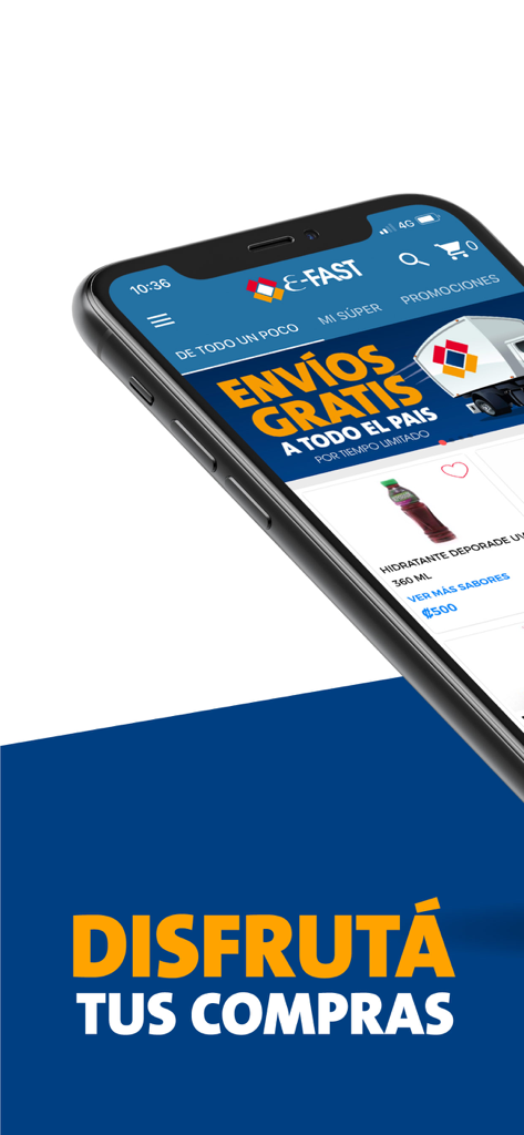 E-Fast - Application de shopping E-Fast sur l'écran d'un smartphone présentant une bannière de livraison gratuite et des listes de produits en espagnol