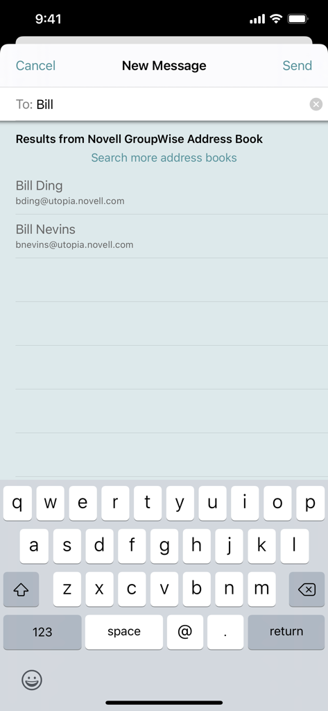 GW Mailbox App zeigt Kontaktsuchergebnisse aus dem GroupWise-Adressbuch an