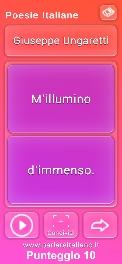 Die Benutzeroberfläche der Parlare Italiano App zeigt ein Gedicht von Giuseppe Ungaretti und ein Worträtselspiel.
