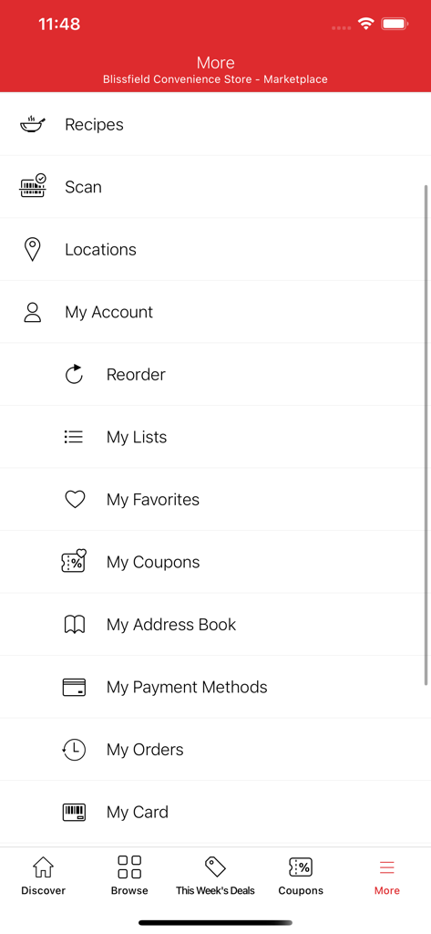 Freshop Groceries - The More menu screen in the Freshop Groceries app displaying account settings, loyalty cards, and shopping history.