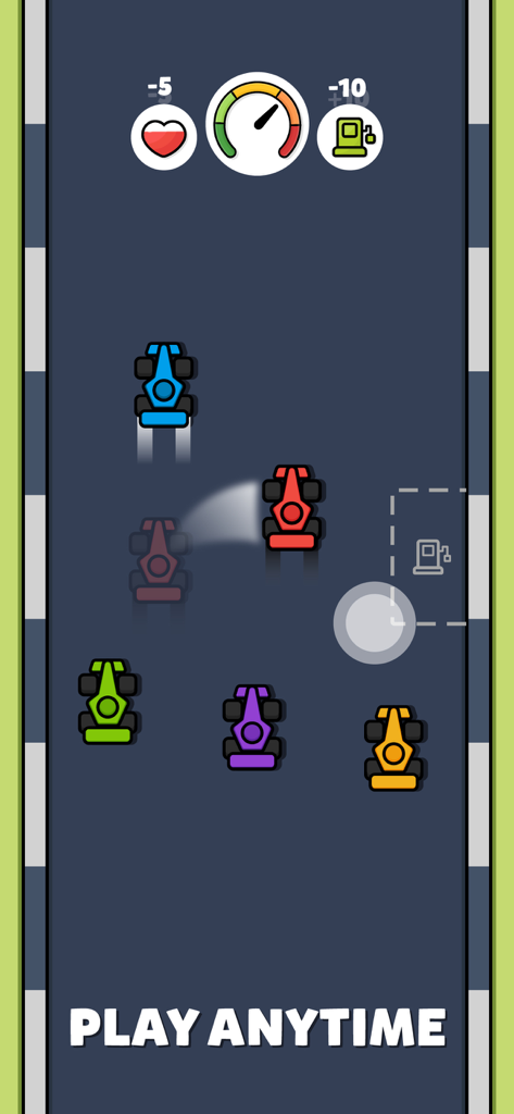 Minijuego minimalista de carreras de coches visto desde arriba con coches coloridos e iconos del juego.