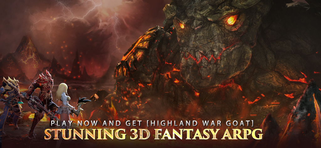 Dragon Storm Fantasy - Three heroes facing a massive stone giant in Dragon Storm Fantasy 3D ARPG