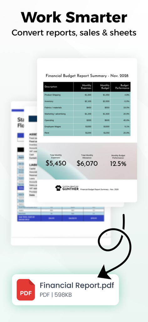 Aplicativo conversor de Excel para PDF mostrando um relatório de orçamento financeiro sendo convertido em um arquivo PDF