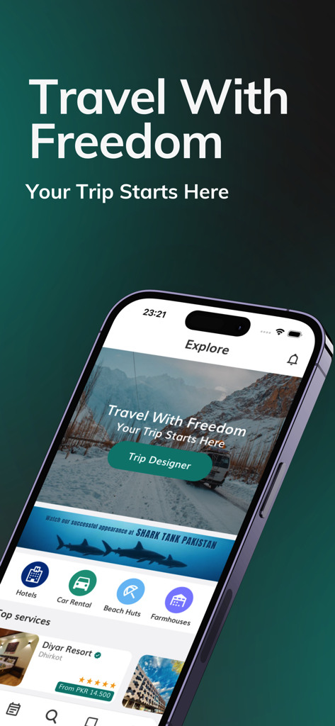 Porter Pakistan - Tela inicial do aplicativo de viagens Porter Paquistão mostrando serviços de reserva de viagens e um botão de designer de viagens