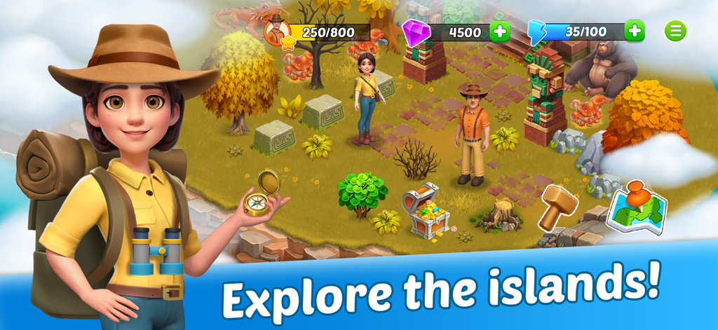 Una exploradora sosteniendo una brújula con un fondo de isla tropical en Griffin Island Farm Adventure