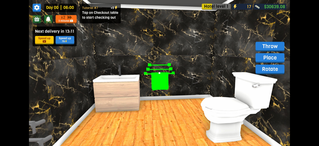 City Hotel Simulator - Gestaltung eines luxuriösen Badezimmers mit Marmorwänden und Holzböden in City Hotel Simulator