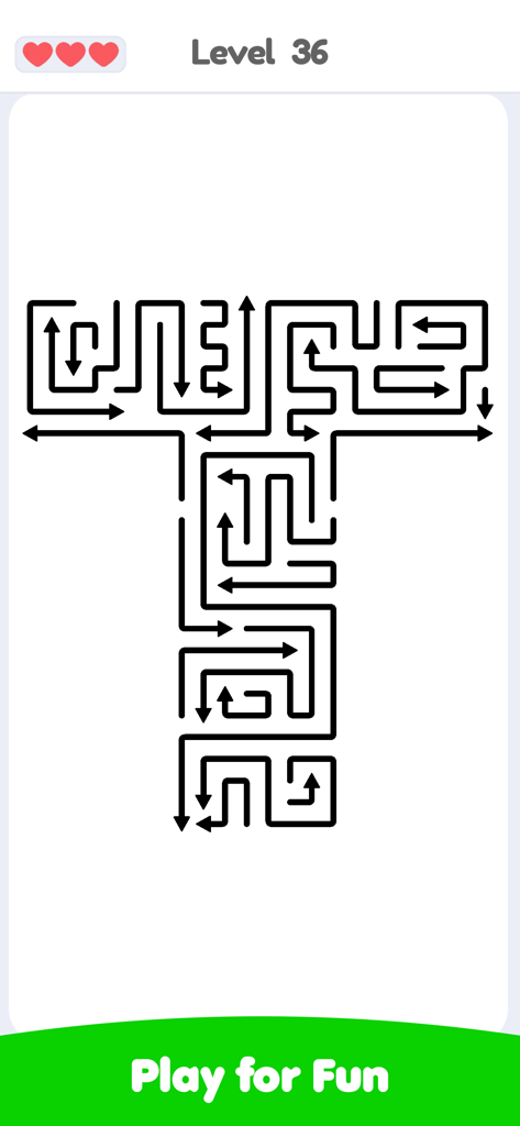 Arrows Escape Puzzle gameplay showing level 36 with a minimalist black and white arrow maze