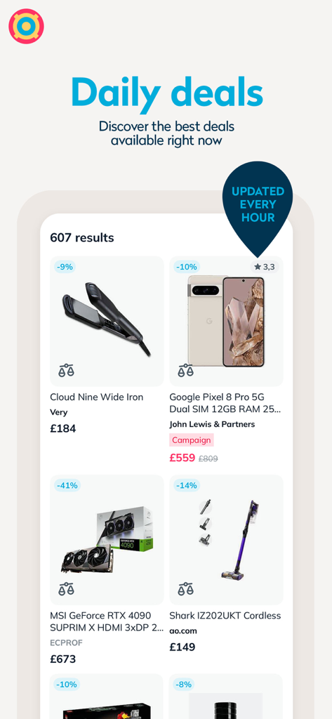 PriceSpy: Compare & save money - PriceSpyアプリの画面。エレクトロニクスや家庭用電化製品の今日のセールが1時間ごとに更新されている様子を表示しています。