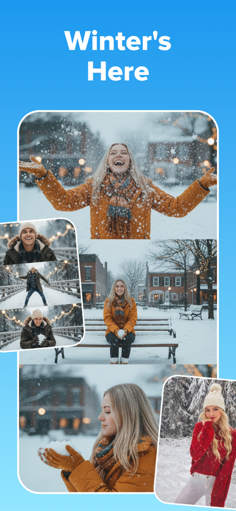 GoPhoto:AI Photo & Video Maker - A collage showing various AI-generated winter portraits and snowy outdoor scenes using the GoPhoto app.