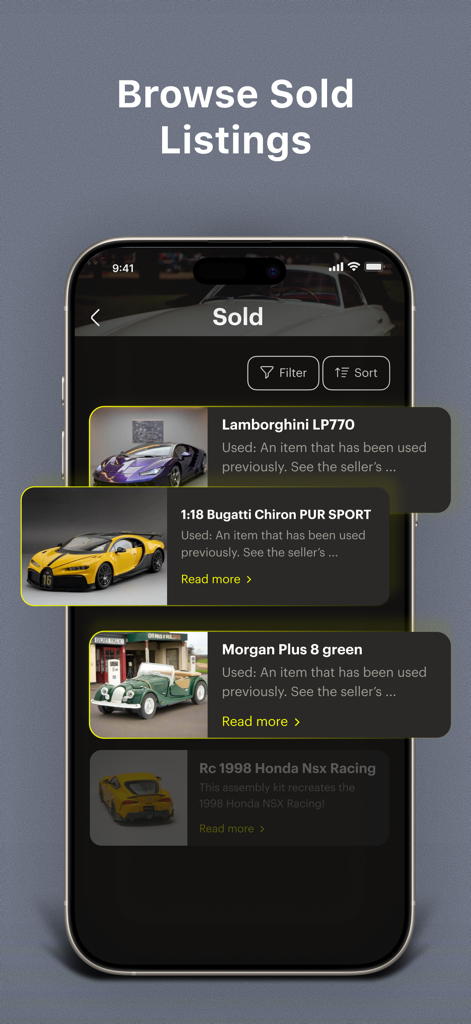 Mobile app screen showing historical sold listings and market values for diecast model cars