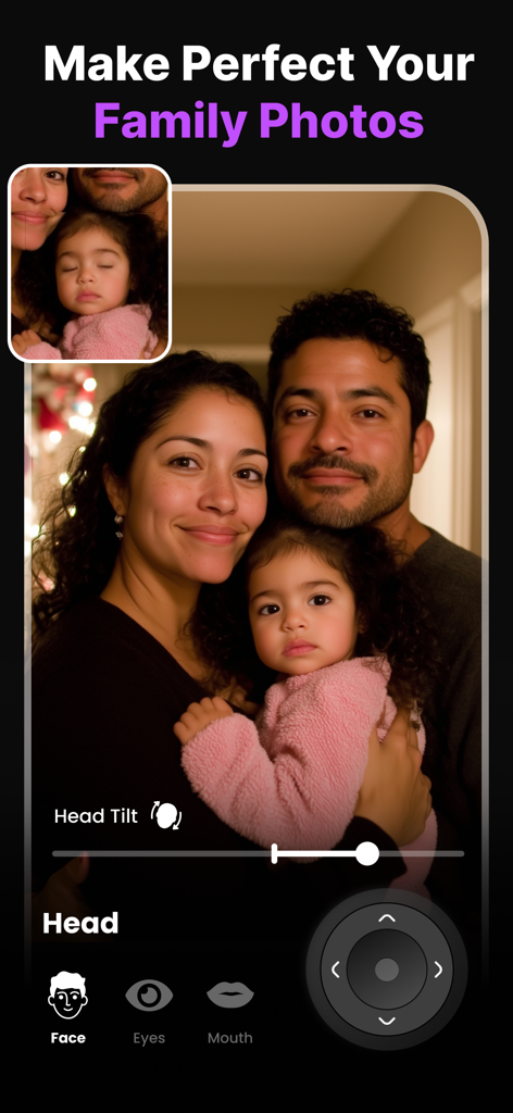 Expression Editor - Reshot AI - A family photo being edited in Reshot AI to fix a child's closed eyes using facial expression and head tilt tools.