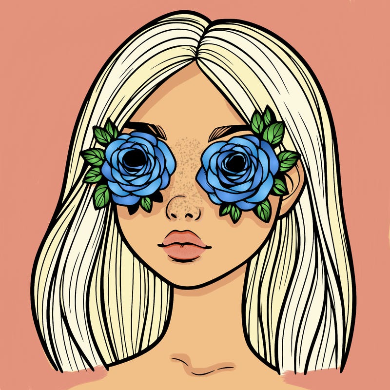a realistic girl with roses for eyes
