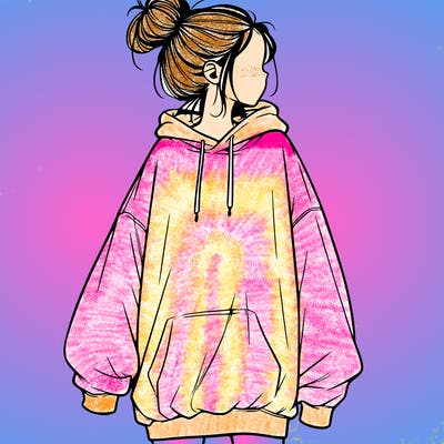realistic girl with a oversized sweatshirt on and a bun