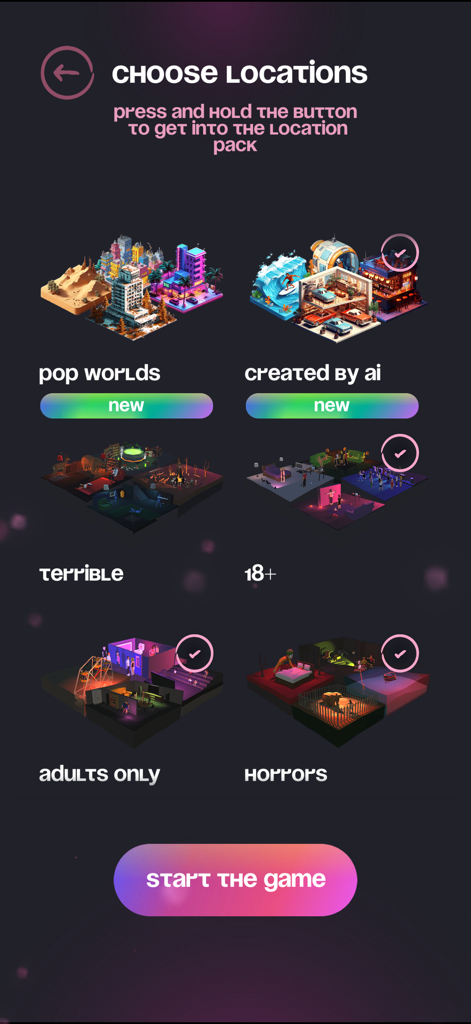 Spy - party game - Choose locations screen in the Spy party game showing various themed packs like pop worlds and horrors