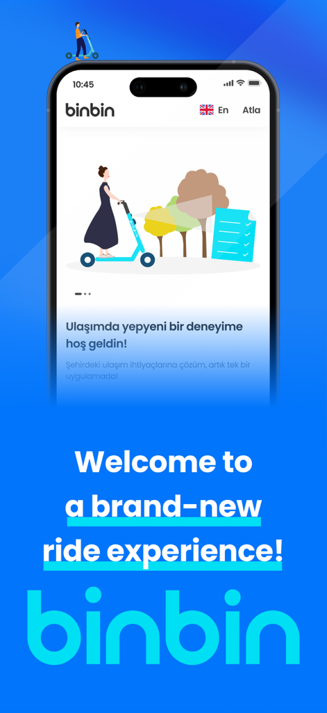 BinBin Scooters - BinBin Scooters mobile app welcome screen featuring an illustration of an electric scooter and a welcome message.