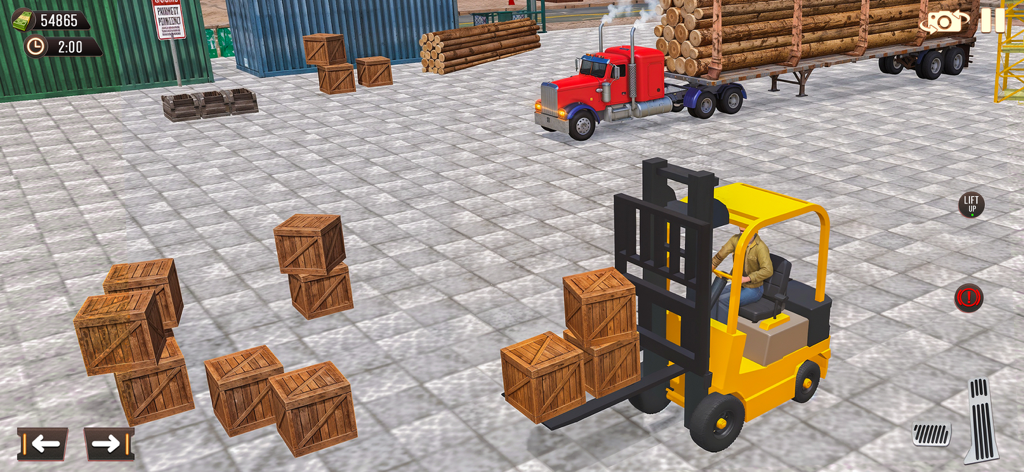 Cargo Transport Driving Truck - A yellow forklift loading wooden crates in a transport yard with a red logging truck in the background