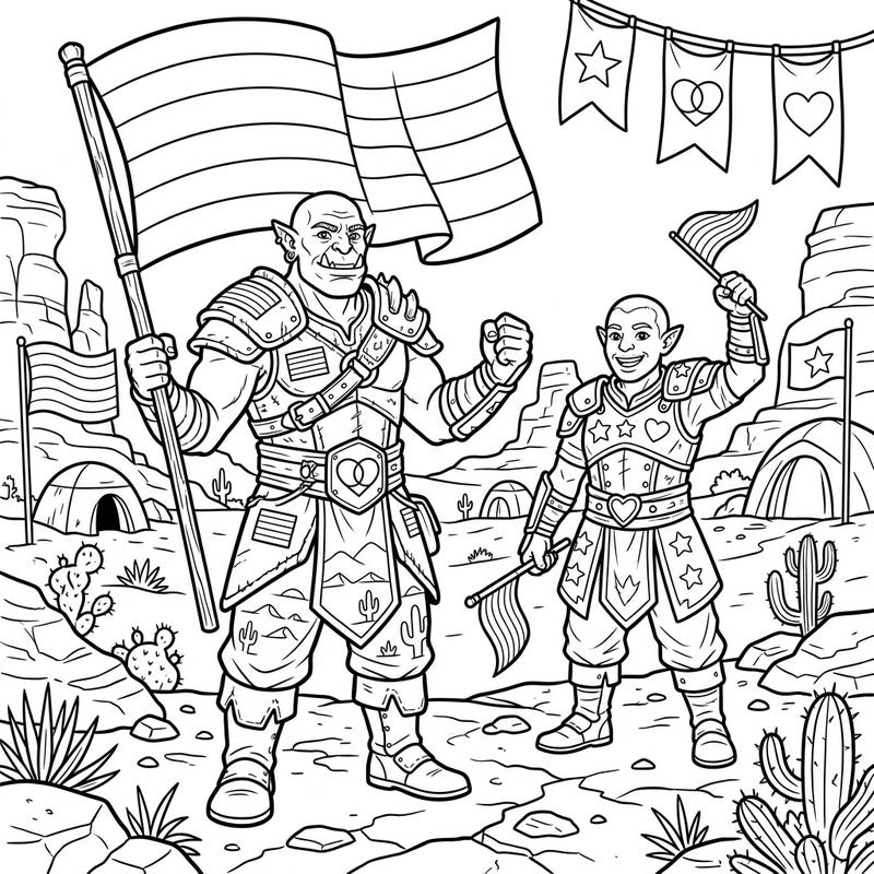 Dive into a unique celebration with our Desert Orcs Pride Month coloring page, featuring fierce warriors embracing love and diversity in the heart of the desert. This engaging template offers a creative way to honor inclusivity and express your vibrant spirit.